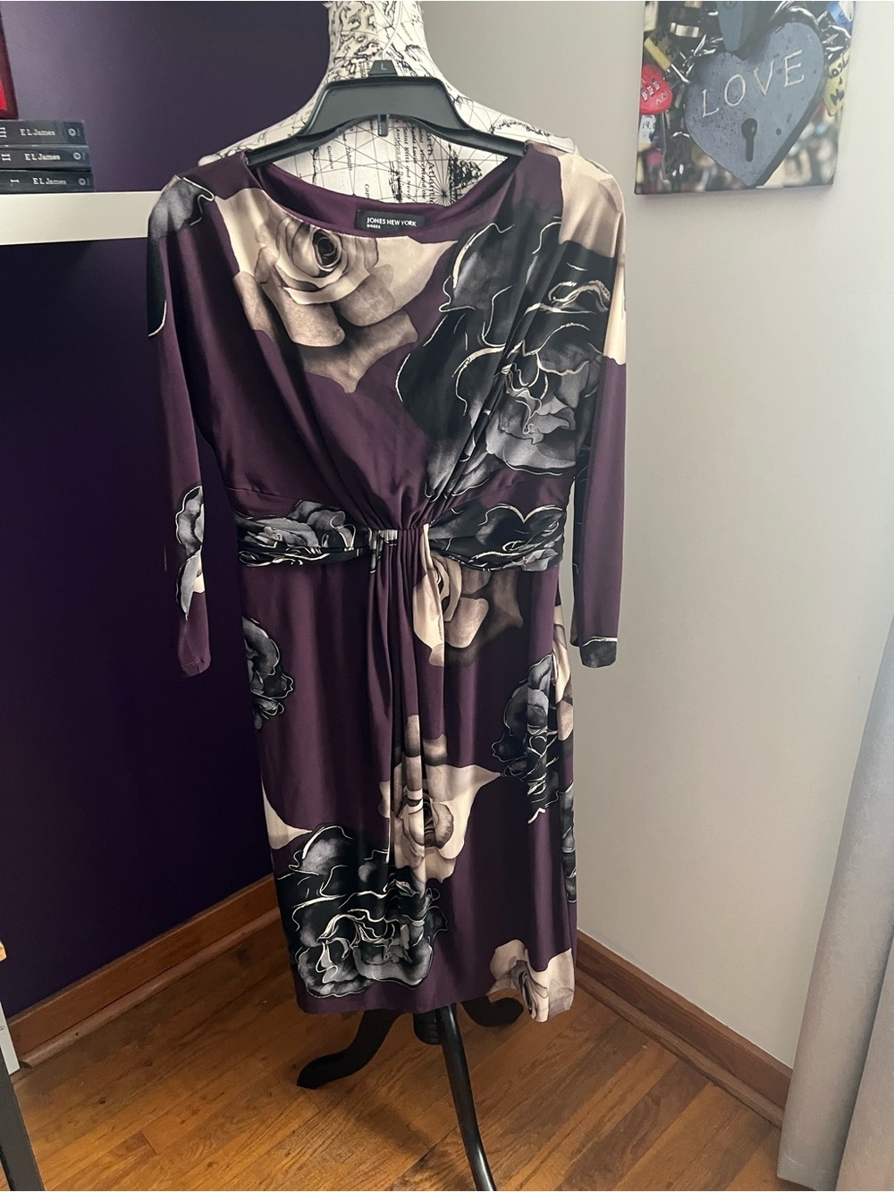 Jones New York Plum Floral Tie-Waist Dress